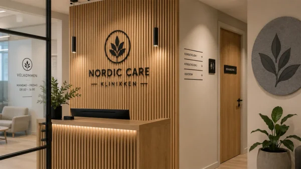 Komplet skilteløsning til klinik med receptionsvæg, logo, dørskilte og wayfinding i træ, filt og akryl