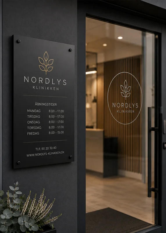 Moderne facadeskilt i sort akryl ved klinikindgang med minimalistisk skandinavisk design