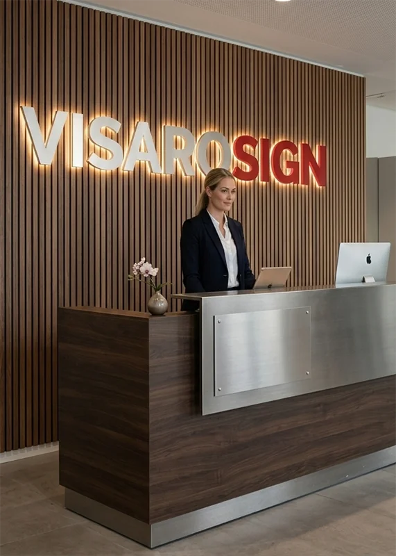 Skilt til receptionen - logo og akustikpanel