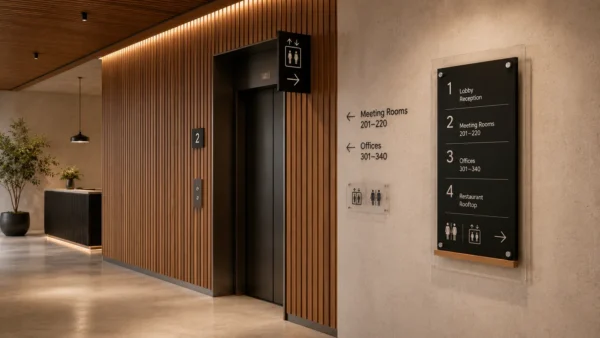 Wayfinding-skilt til erhvervsbygning